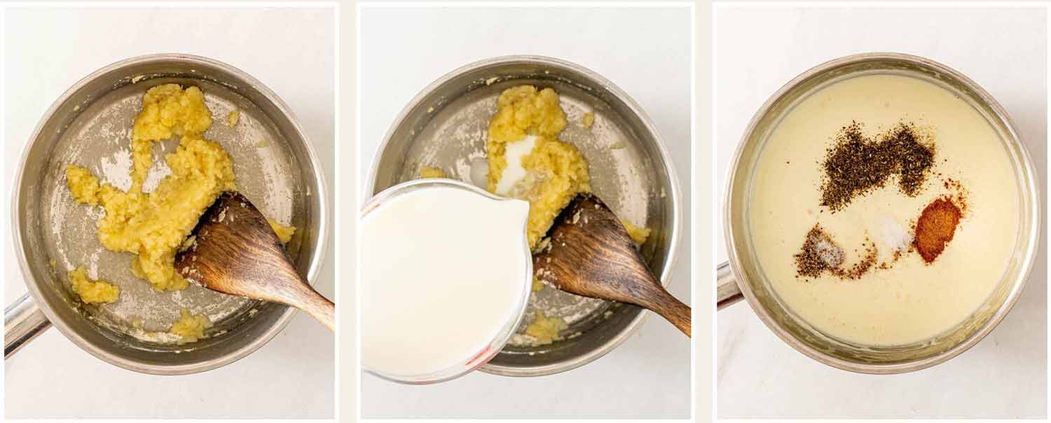 Onion and garlic roux prepared in a saucepan, followed by milk and seasonings for the creamy sauce.
