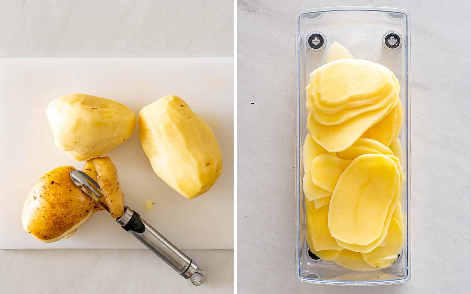 Yukon Gold potatoes being peeled and thinly sliced with a mandoline for evenly layered scalloped potatoes.