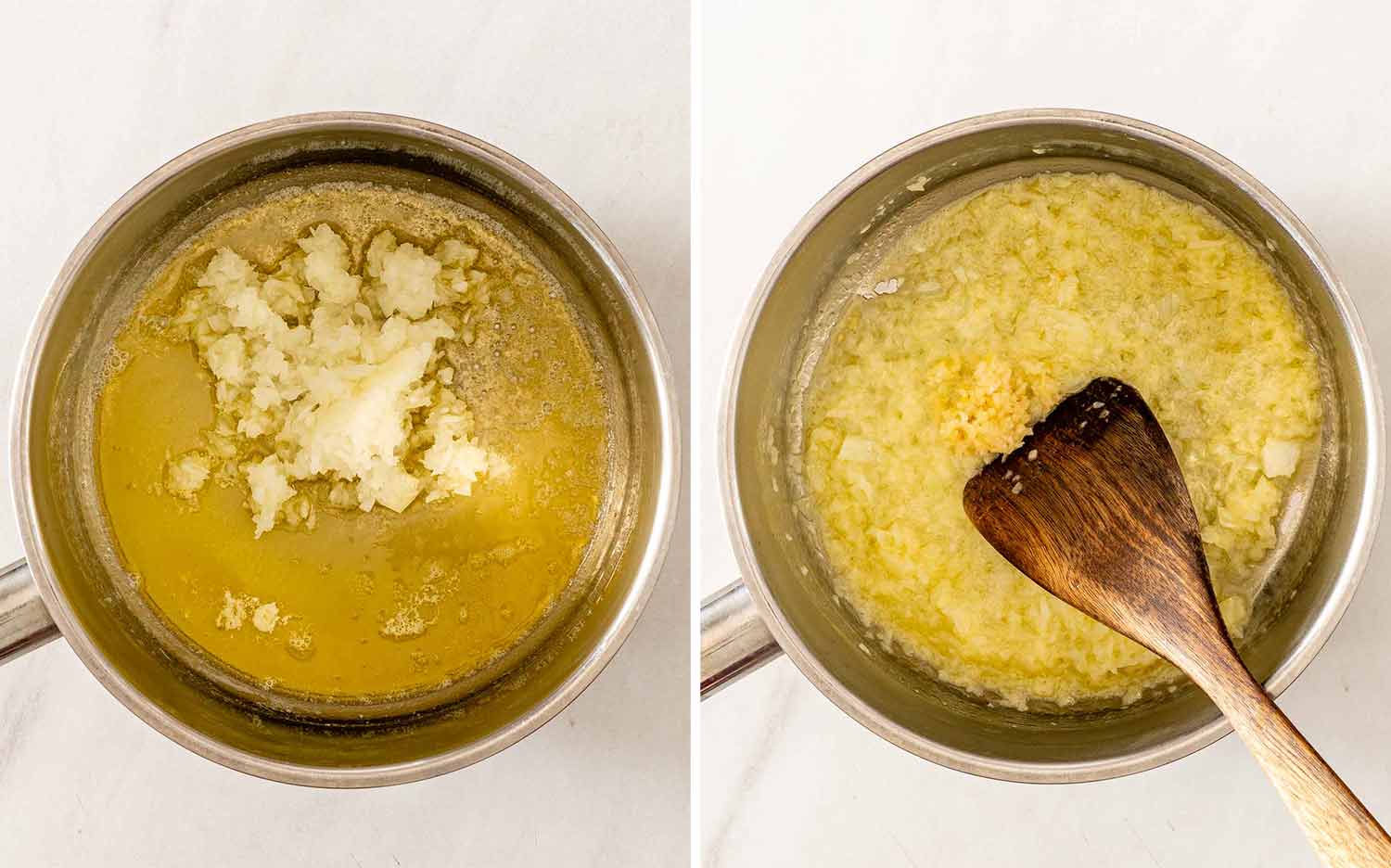 Butter, onion, garlic, and flour cooking together in a saucepan to create the base for the sauce.