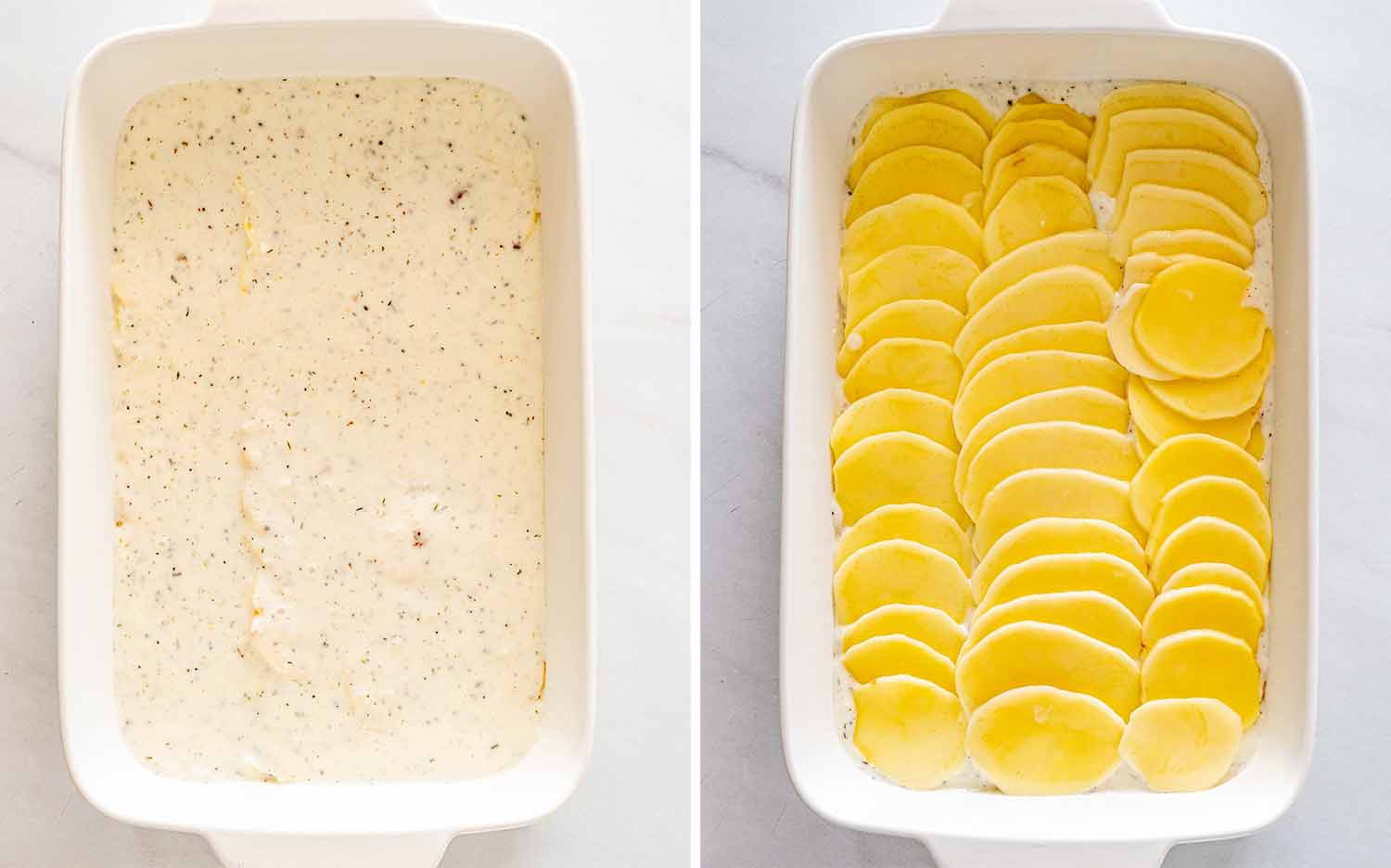 Cream sauce spread inside a white baking dish, followed by neatly overlapping rows of thinly sliced potatoes.