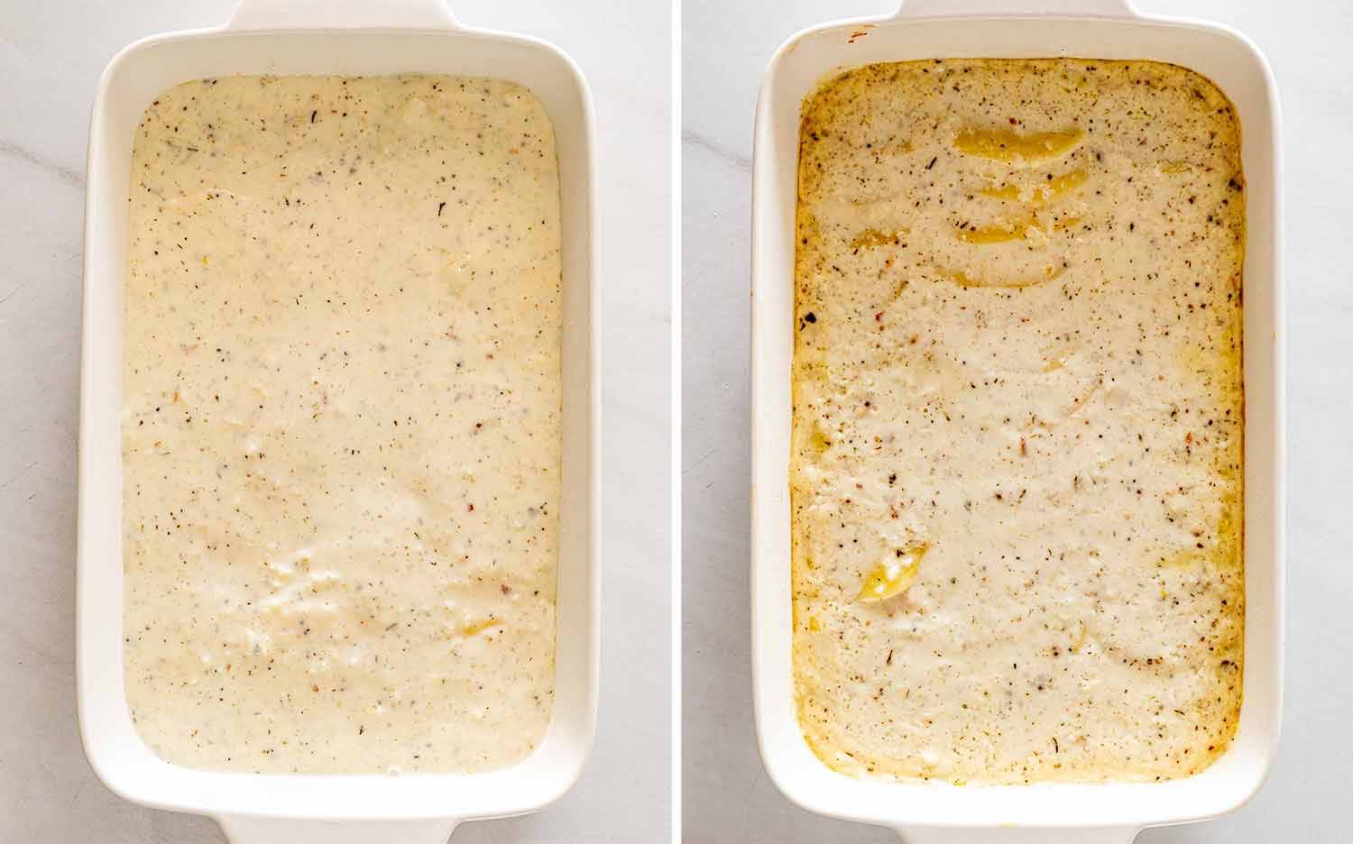 Layered potatoes covered with creamy sauce before baking, then uncovered after cooking until tender and lightly golden.