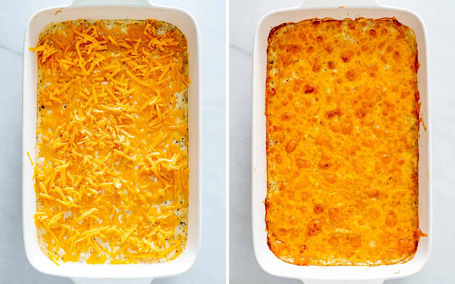 Shredded cheddar scattered over the potatoes before baking, shown beside the finished casserole with a golden, bubbly top.