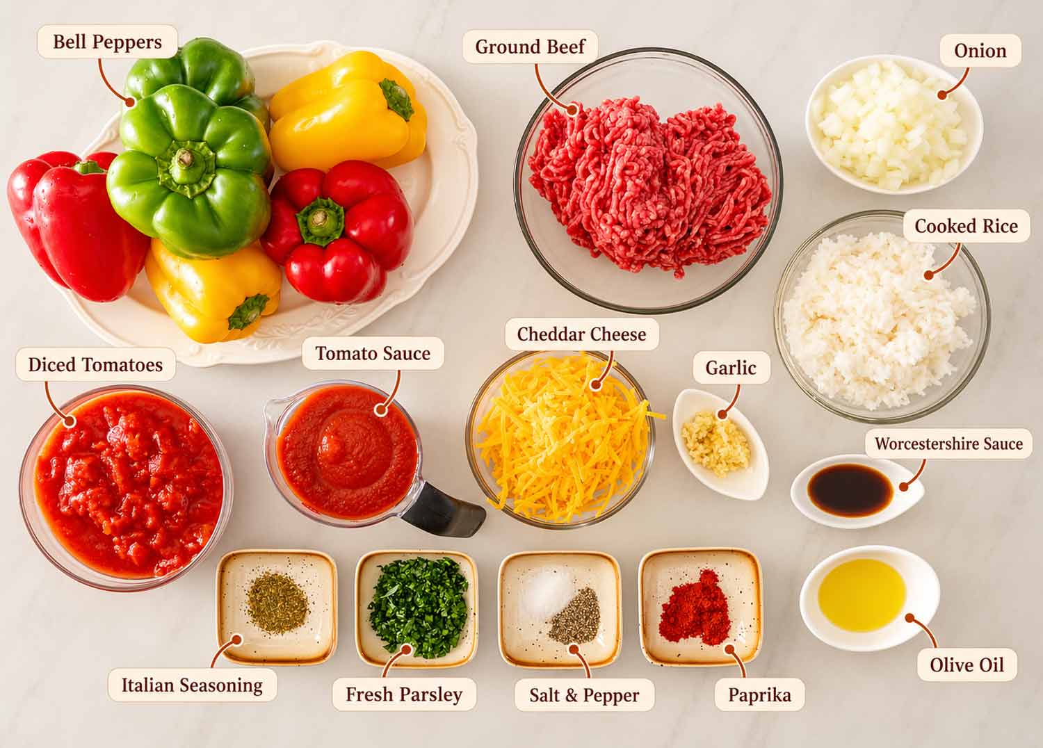 Labeled ingredients for stuffed peppers, including bell peppers, ground beef, rice, tomatoes, cheddar, onion, garlic, and seasonings.