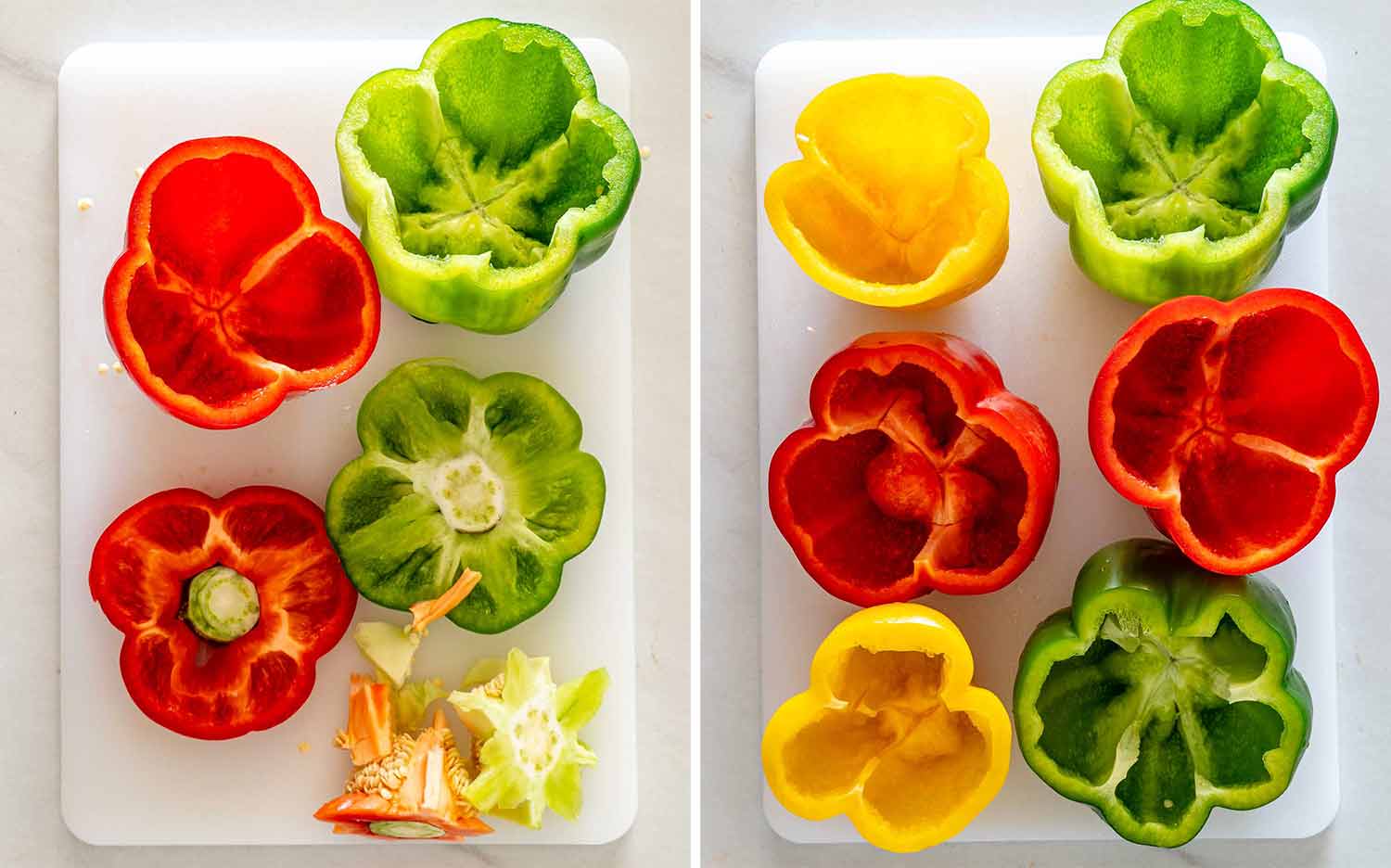 Colorful bell peppers with their tops removed, seeds discarded, and hollow centers cleaned and ready for filling.