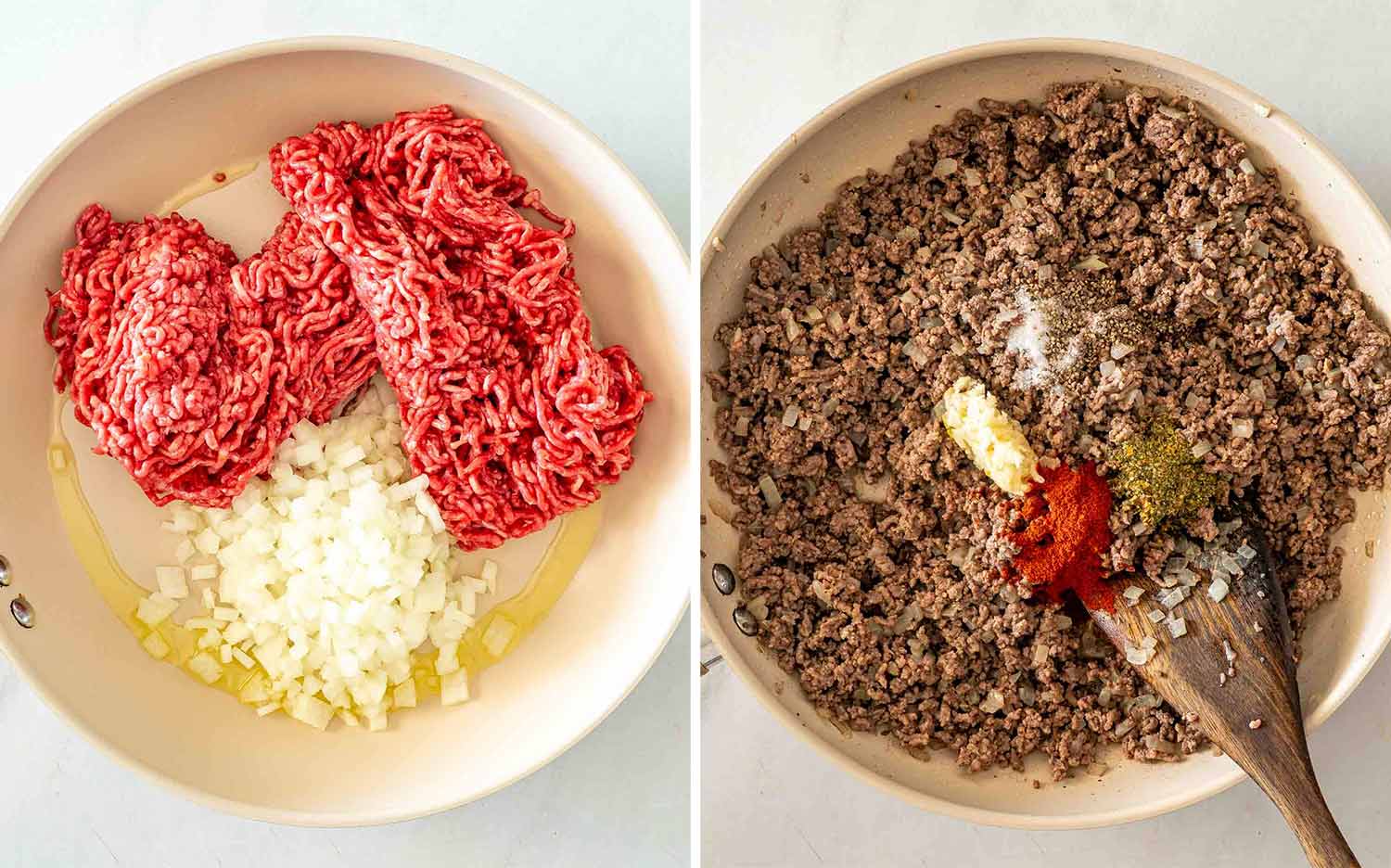 Ground beef and diced onion cooking together, followed by seasonings added once the beef has browned.