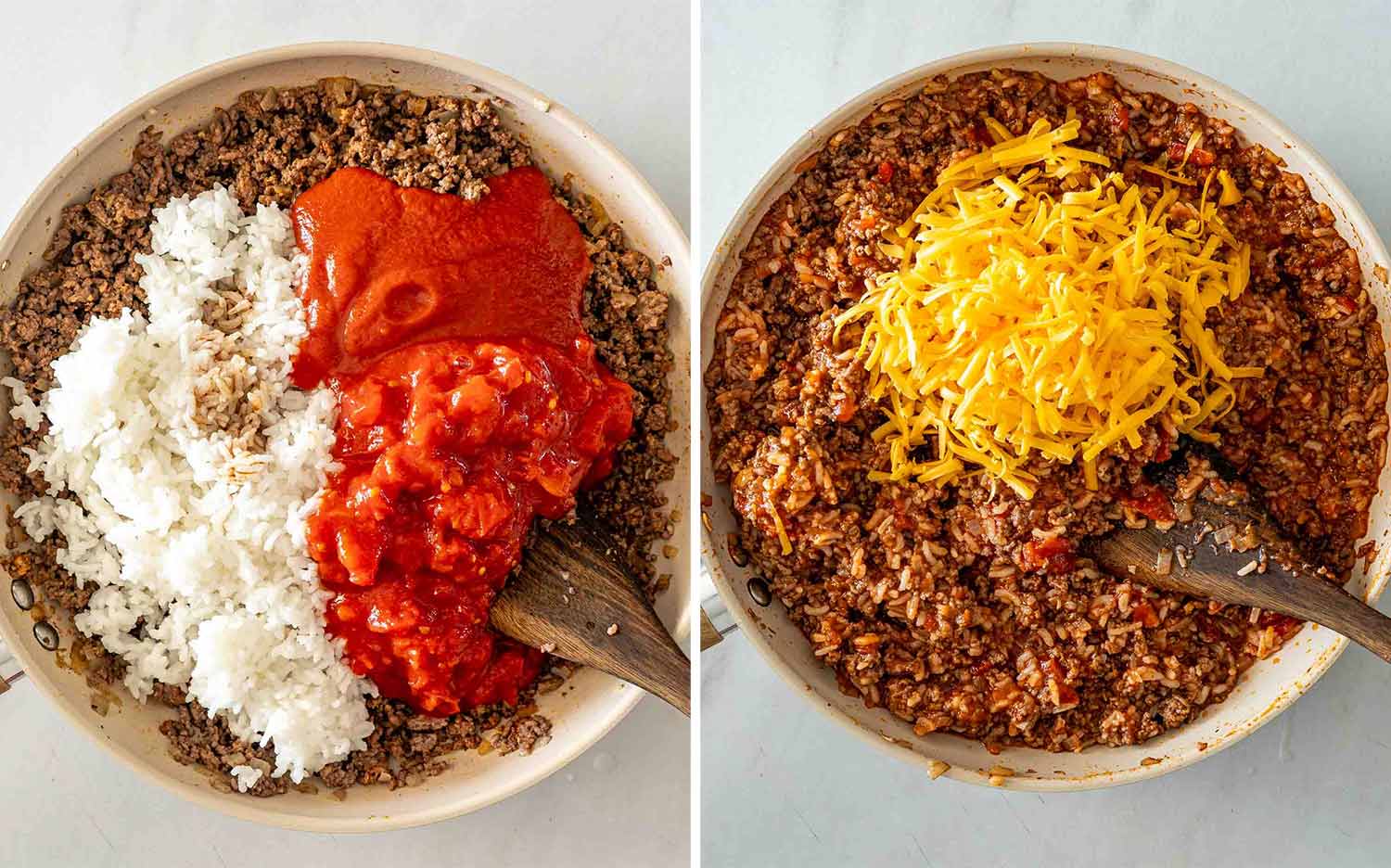 Cooked ground beef combined with rice, diced tomatoes, tomato sauce, and shredded cheddar in a large skillet.