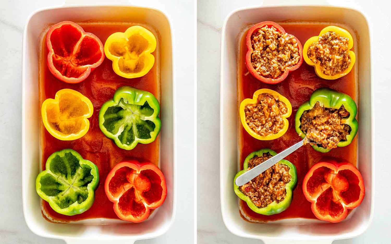 Hollow bell peppers arranged upright in tomato sauce, then spooned full of the prepared beef and rice filling.