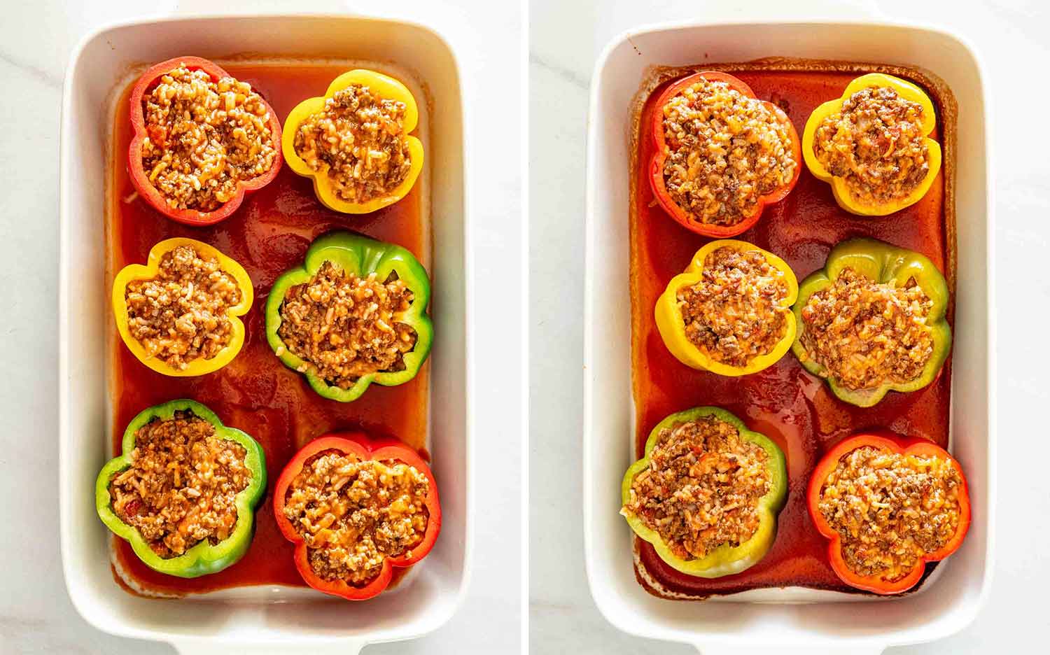 Bell peppers filled generously with the seasoned ground beef, rice, tomato, and cheddar mixture before baking.