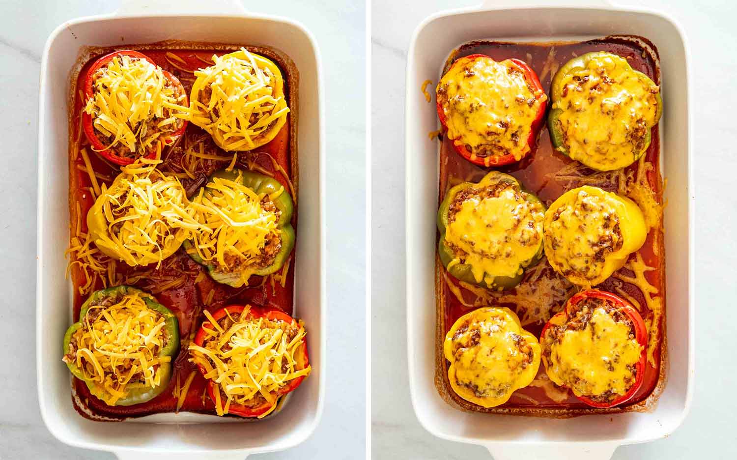 Stuffed peppers topped with shredded cheddar before baking, shown beside the finished peppers with melted, bubbly cheese.